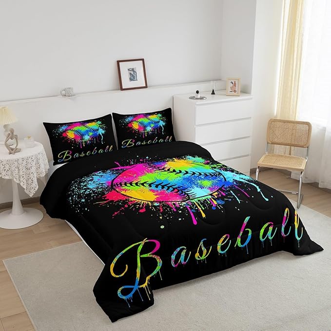 Feelyou Kids Baseball Comforter Set King Size Sports Game Bedding Set for Boys Girls Teens Bedroom Decor Baseball Gaming Comforter Women Men Tie Dye Duvet Set with 2 Pillow Case - LeafyLoom