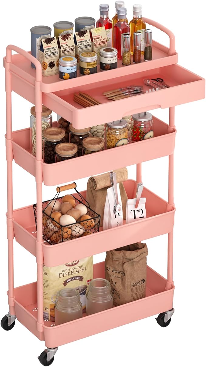 4-Tier Rolling Cart，Trolley with Drawer, Kitchen Storage Organizer with Plastic Shelf & Metal Wheels, Storage Cart for Living Room, Kitchen, Office, Bathroom, Pink - LeafyLoom