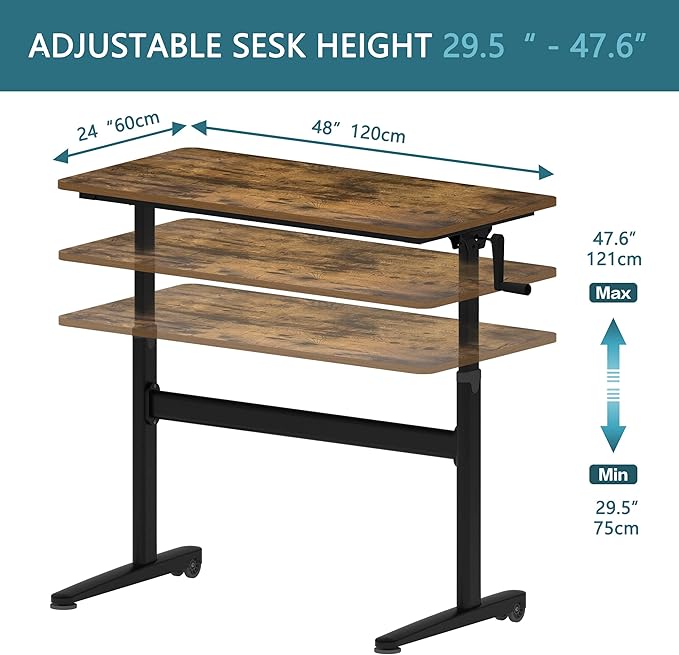 Manual Standing Desk Adjustable Height- Crank Mobile Standing Desk 55 x 24 Inches Sit Stand Desk Frame & Top, Stand Up Desk on Wheels, Computer Desk Black Frame & Rustic Brown - LeafyLoom