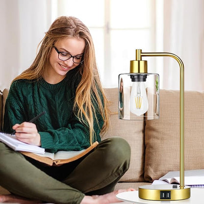 Industrial Touch Control Table Lamps Set of 2 - Gold Nightstand Bedside Lamps with 2 USB Ports & AC Outlet, 3-Way Dimmable Desk Lamp for Bedroom Living Room, Glass Shade & 2 LED Bulbs Included - LeafyLoom