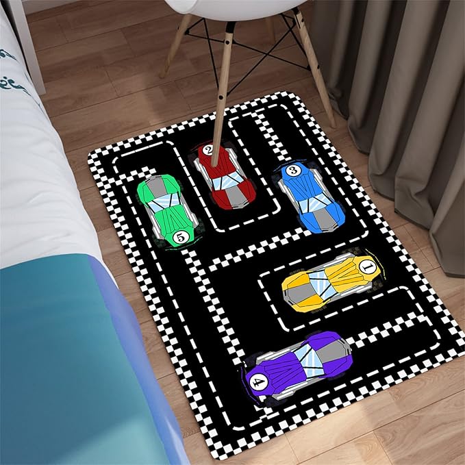 Car Rug Race Car Rug Car Track Rugs for Boys Race Track Carpet Race Car Track Rug Car Rug for Boys Room Car Rug Play Mat Car Carpet for Kids Rugs for Boys Bedroom,Black 2'×3' - LeafyLoom