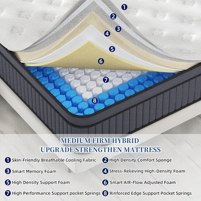 Queen Mattress - Upgrade Strengthen - 12 Inch Hybrid Queen Size Mattresses in a Box, Mattress Queen Size with Memory Foam and Independent Pocket Springs, Strong Edge Support, Release Pressure, Medium - LeafyLoom