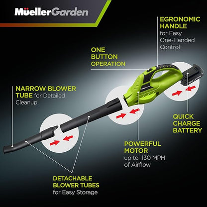 Mueller UltraStorm Cordless Leaf Blower, 140 MPH 20 V Powerful Motor, Electric Leaf Blower for Lawn Care, Battery Powered Leaf Blower for Snow Blowing High Capacity Battery & Charger Green - LeafyLoom