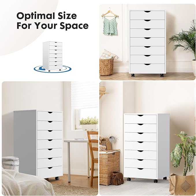 OLIXIS 7 Drawer Chest Wood File Cabinet Rolling Organization Storage Dresser with Wheels for Home Office, 15.75" D x 18.74" W x 34.25" H, White - LeafyLoom