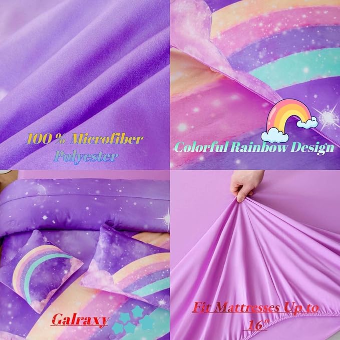 Purple Rainbow Girls Full Size Comforter Set, 6 Pieces Gradient Glitter Kids Bedding Sets, Galaxy Kids Bedroom Decor Bed in A Bag with Sheets for Girls Teens - LeafyLoom