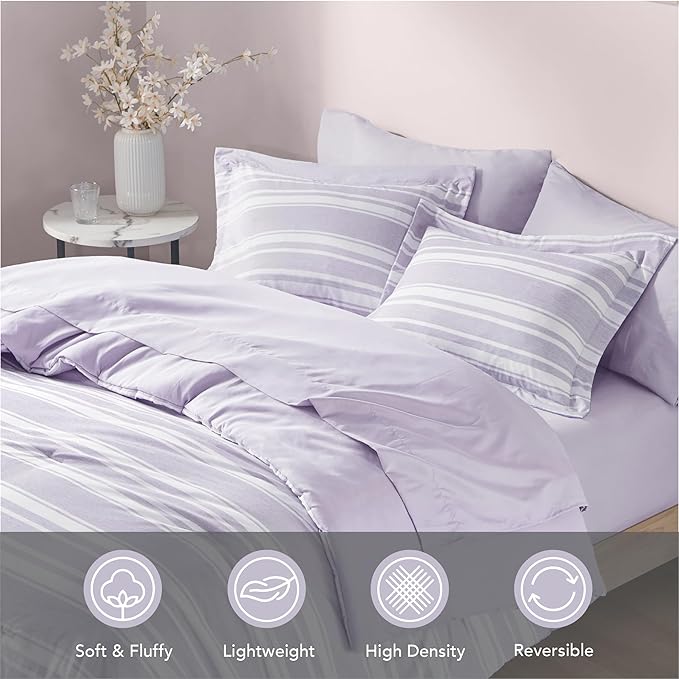 Codi Bed in a Bag Twin Size Complete Set, Lavender Purple Striped Single Comforter Set 5 Piece for Teen, Modern Neutral Cationic Dyeing Bed Sets with Comforter, Sheets, Pillowcases & Shams - LeafyLoom