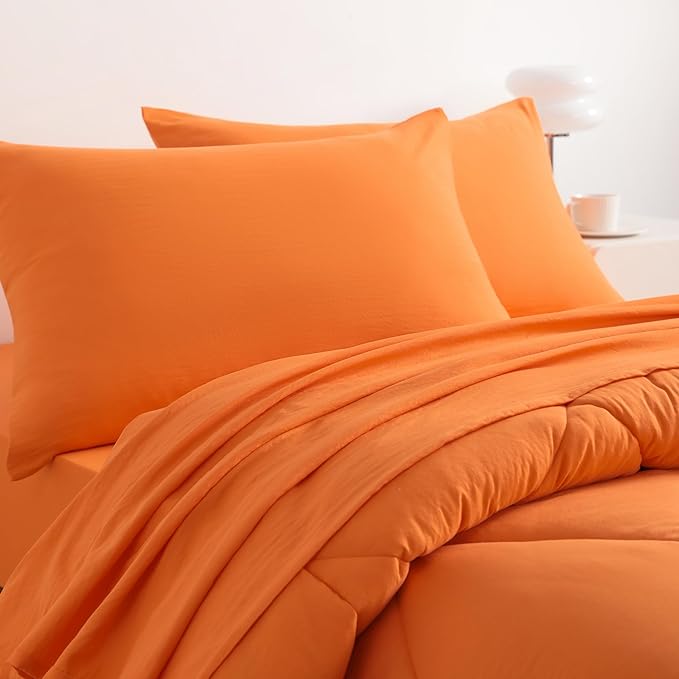 NTBAY Twin Comforter Set with Sheets, 5 Pieces Soft and Breathable Twin Bedding Set, Twin Bed in a Bag, Down Alternative Comforter Set Solid Color All Season, Kids Bedding Set, Orange - LeafyLoom