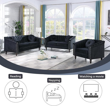 Velvet Modern Living Room Couch 3 Piece with Scroll Arms and Nailhead, includes 2 Love-seat Chair & Armchair, Sofa and Loveseat Set Black - LeafyLoom