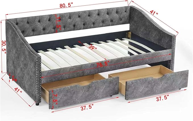 Twin Size Upholstered Daybed with Two Storage Trundle Drawers, Wooden Sofa Bed w/Button Tufted Backrest and Waved Shape Arms, No Box Spring Needed, for Living Room, Bedroom, Dorm, Grey - LeafyLoom