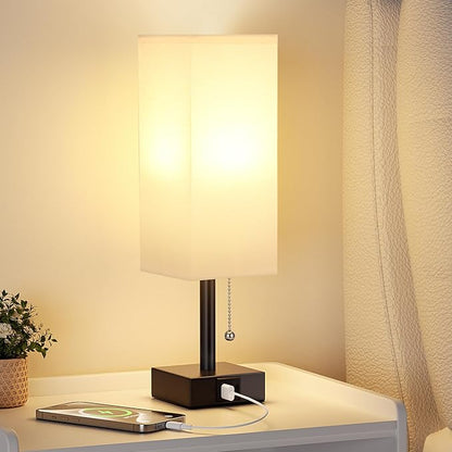 White Small Table Lamp for Bedroom - 3 Color Temperature 3000K 5000K 4000K Bedside Lamp, Pull Chain Control, USB A and C Charging Ports, Black Base, for Kids Office Dorm Nightstand, Bulb Included - LeafyLoom