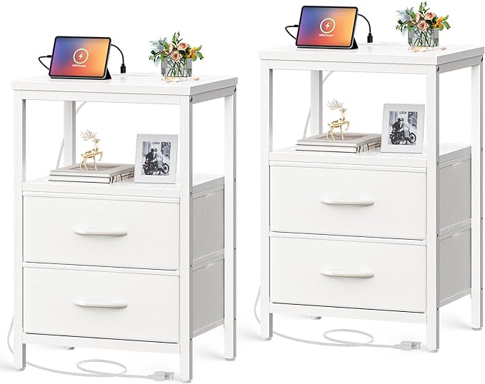 Nightstands Set of 2, End Tables with Charging Station, Side Tables with Fabric Drawers, Bedside Tables with USB Ports and Outlets, Night Stands for Bedroom, White - LeafyLoom