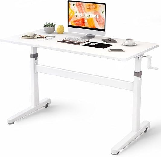 Manual Standing Desk Adjustable Height- Crank Mobile Standing Desk 48 x 24 Inches Sit Stand Desk Frame & Top, Stand Up Desk on Wheels, Computer Desk White Frame & White - LeafyLoom