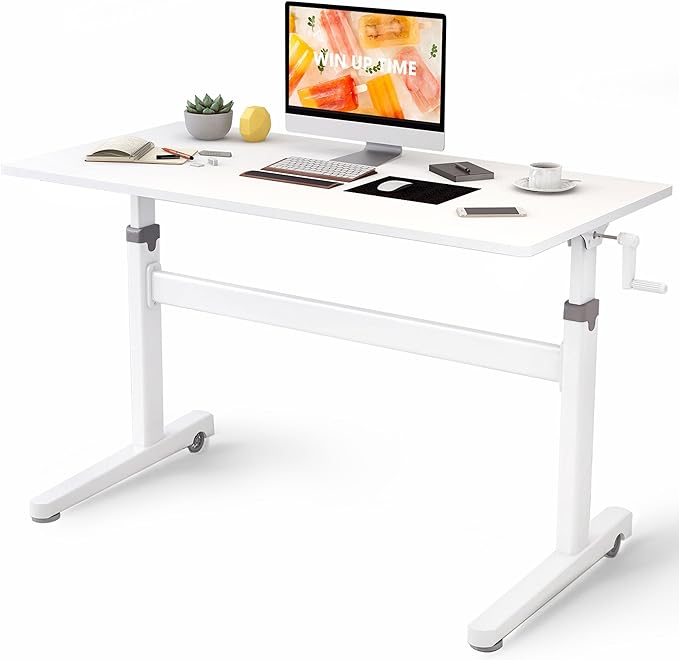 Manual Standing Desk Adjustable Height- Crank Mobile Standing Desk 55 x 24 Inches Sit Stand Desk Frame & Top, Stand Up Desk on Wheels, Computer Desk White Frame & White - LeafyLoom