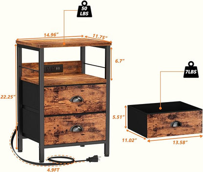 Furologee End Table with Charging Station, Nightstand with Fabric Drawers, Side Table with USB Ports & Outlets, Night Stand with Storage Shelf & Hooks, for Living Room/Bedroom, Rustic Brown - LeafyLoom