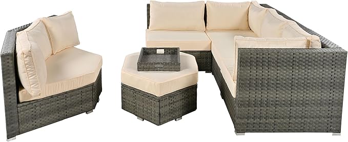 Patio 7-Piece Set, Half-Moon Curved Sectional Sofa Outdoor Rattan Furniture with Ottoman and No-Slip Cushions for Balcony, Porch, Garden, Zc-Beige - LeafyLoom