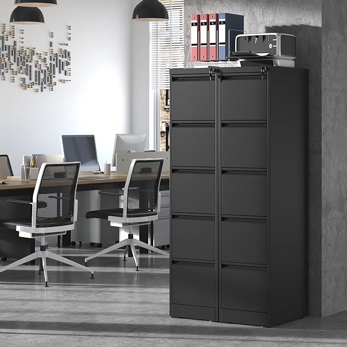 5 Drawer File Cabinet,Metal Filing Cabinets with Lock,Vertical File Cabinet for Home Office,Black Heavy Duty Metal Storage Cabinet for A4/Letter/Legal Size File,Assembly Required - LeafyLoom