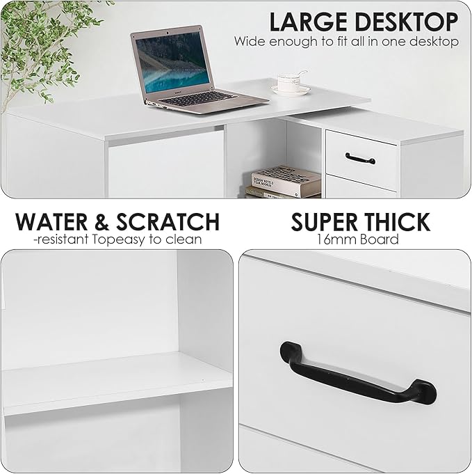 L-Shaped Rotating Computer Desk 68 inch with Storage Shelves Home Office Corner Desk with Drawers and File Cabinet Multipurpose Study Writing Table for Bedroom Small Space White - LeafyLoom