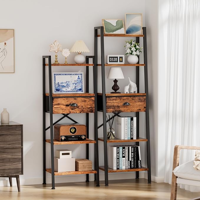 Furologee 4 Tier Ladder Shelf, Narrow Ladder Book Shelf with Drawer, Modern Bookcase Freestanding Shelf Units, Storage Shelves Organizer for Bedroom, Living Room, Bathroom, Home Office, Rustic Brown - LeafyLoom