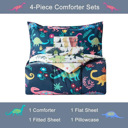 Dinosaur Twin Comforter Set for Boys Girls 4-Piece Dino Kids Bedding Sets Ultra Soft Cartoon Bedroom Set - Include Reversible Comforter, Flat Sheet, Fitted Sheet and Pillowcase, Blue - LeafyLoom