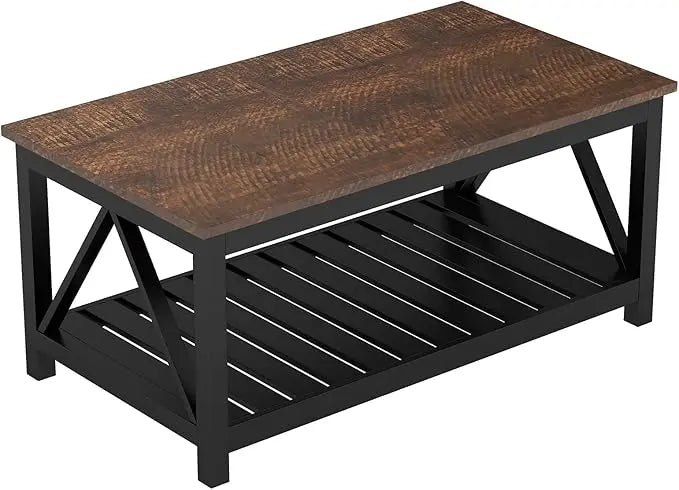 ChooChoo Black Coffee Table, Rustic Vintage Table with Shelf for Living Room, 40 Inch - LeafyLoom