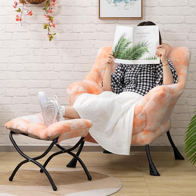 HollyHOME Faux-Fur Lazy Chair with Foldable Ottoman, Accent Comfy Lounge Arm Chair and Folding Footrest Stool Set, Leisure Sofa Reading Chair and Footstool for Living Room, Bedroom, Orange&White - LeafyLoom