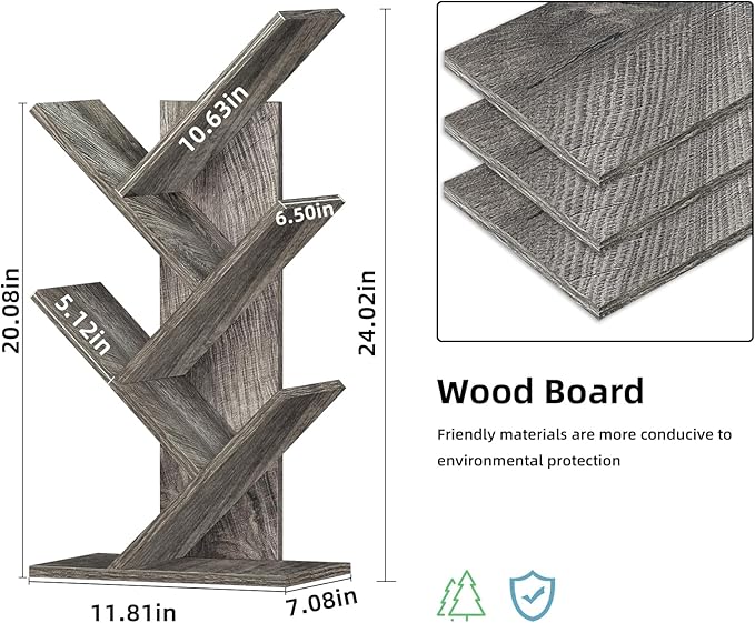 5 Tier Tree Book Shelf, Small Desktop Bookshelf with Storage Organizer, Wood Bookcase, Desk Display Bookshelves, Floor Standing Organizer Bookcases for Living Room,Bedroom,Office - Light Grey - LeafyLoom