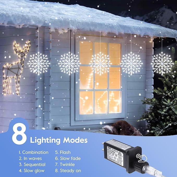 Brightown 2 Pack Christmas Snowflake Icicle Lights Outdoor - Plug-in 23.6ft 10 Drops 480LED Snowflake Window Lights, Connectable for Indoor Outdoor Porch Eaves Rooftops Christmas Decoration Brightown