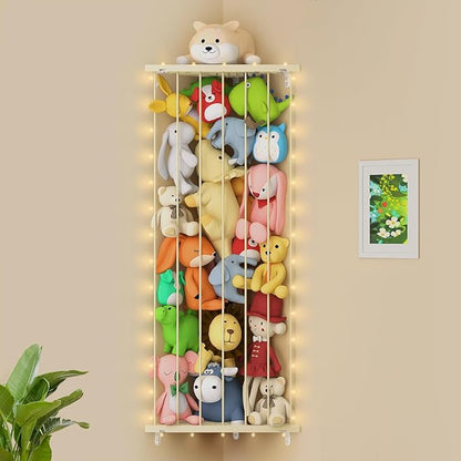 Stuffed Animal Storage Toy Organizer: Corner Stuff Animals Holder for Wall with LED Light - Kids Plush Toys Storage with Adjustable Length for Nursery Playroom Bedroom Kids Room(Beige) - LeafyLoom