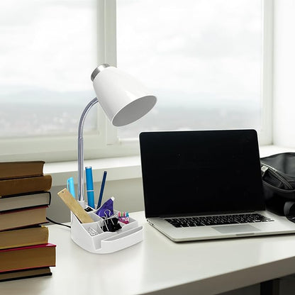 Simple Designs LD1067-WHT Compartmental Desk Lamp with iPhone/iPad/Tablet Stand, Bendable Gooseneck, for Office, Living Room, Nightstand, Library, Entryway, White - LeafyLoom