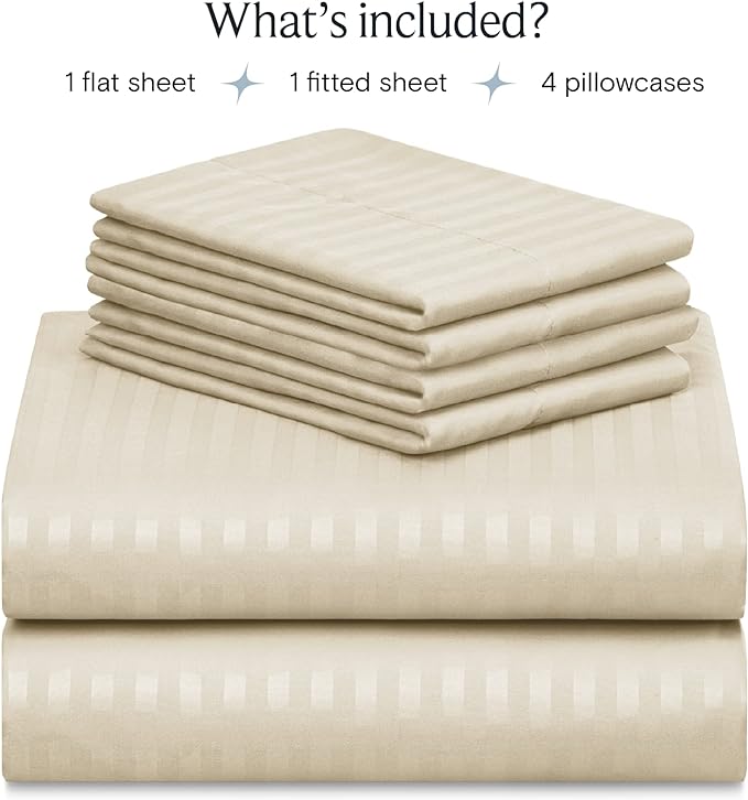 LuxClub 6 PC Full Size Sheet Set Bed Sheets, Breathable Luxury Bed Sheets, Deep Pockets 18" Wrinkle Free Cooling Bed Sheets Machine Washable Hotel Bedding (Full, Striped Cream) - LeafyLoom