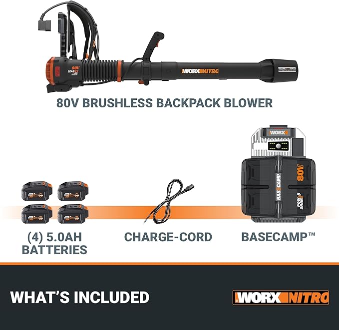 Worx Nitro 80V Cordless Leaf Blower, 800 CFM 150 MPH, Brushless Backpack Electric Leaf Blower WG572, Turbine Fan, Variable Air Control – 4 PowerShare Batteries, Basecamp Charger Included - LeafyLoom