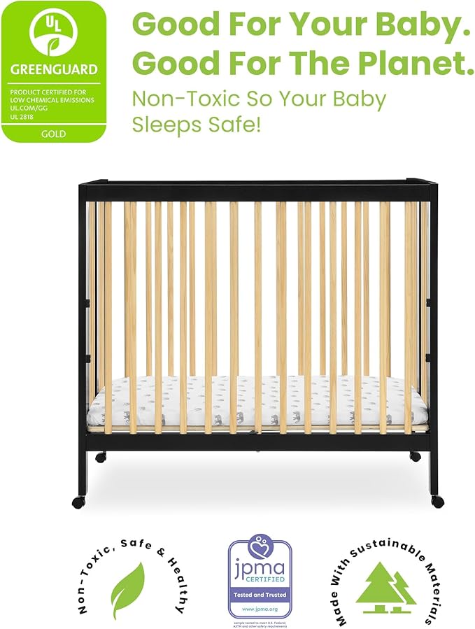 Delta Children Mia Portable Folding Mini Crib with 1.5-Inch Mattress - Greenguard Gold Certified, Ebony Black/Natural - LeafyLoom