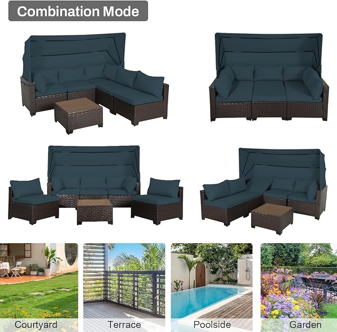 6 PCS Outdoor Patio Furniture Set,Sectional Sofa Set,Rattan Daybed with Retractable Canopy,Adjustable Backrest,Storage Coffee Table,Chaise Chair Sunbed for Garden Poolside Backyard(Sky Blue) - LeafyLoom