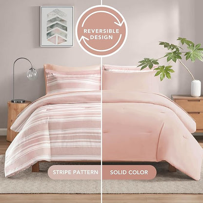 Codi Bed in a Bag Twin Size Complete Set, Pink and White Striped Single Comforter Set 5 Piece for Teen Girls, Modern Neutral Cationic Dyeing Bed Sets with Comforter, Sheets, Pillowcases & Shams - LeafyLoom