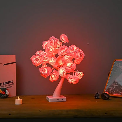 Rose Flower Tree Lamp, Led Rose Table Lamp Gift for Teens Girls Mother Home, Battery Powered, Romantic Tabletop Night Lighting for Bedroom Living Room Party Wedding Valentine's Day Desk Decor - LeafyLoom