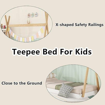 Bellemave Twin Size Tent Floor Bed Frame with Triangle Structure, Teepee Bed Platform Bed for Kids,Montessori Floor Bed for Girls Boys(Twin,White+Natural) - LeafyLoom