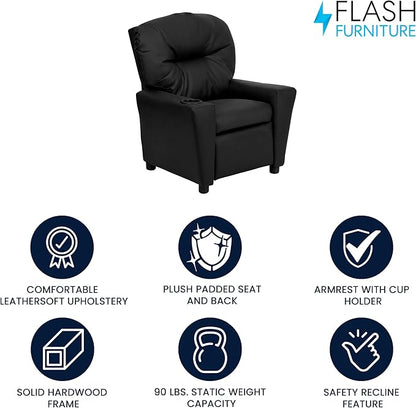 Flash Furniture Chandler LeatherSoft Kids Recliner with Cup Holder and Safety Recline, Contemporary Reclining Chair for Kids, Supports up to 90 lbs., Black - LeafyLoom