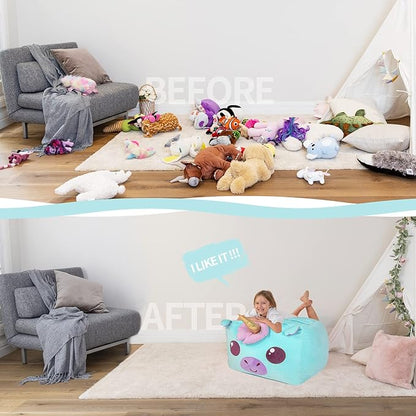 Aubliss Unicorn Stuffed Animal Storage Bean Bag Chair for Kids, Velvet Extra Soft Beanbag Chairs Cover, X-Large Stuffable Zipper Bean Bag for Organizing Plush Toys Girls Bedroom Decor, Cyan - LeafyLoom