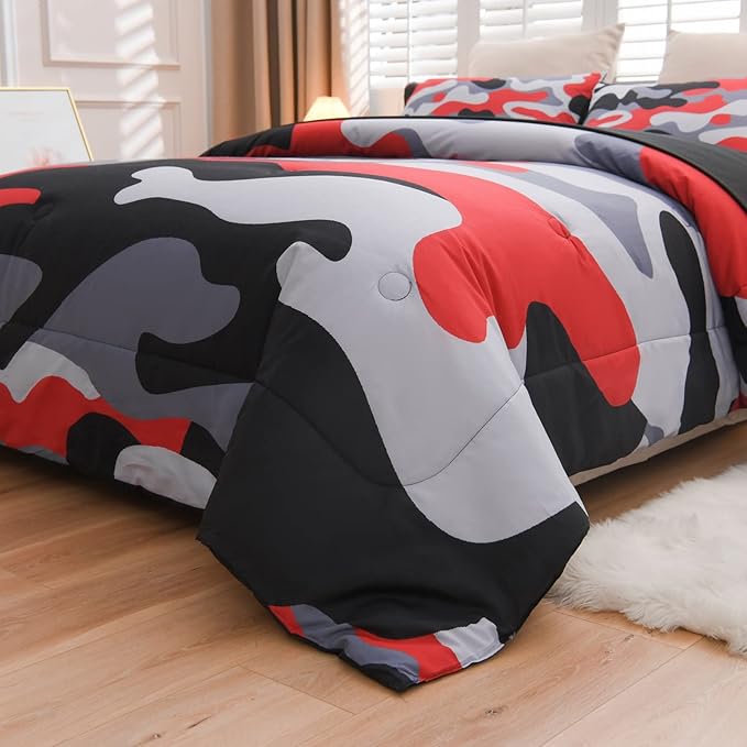 Meeting Story Camouflage Bedding Set, Colorful Pattern Style Comforter Set, 5 PCS One Comforter Two Pillowcases Two Sheets in One Bag, All Season Bedspread for Kids Teens Adults (Black, Twin 5Pcs) - LeafyLoom