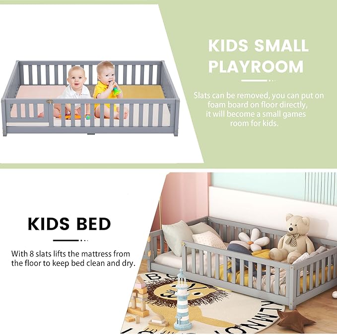 Multifunctional Full Size Floor Bed with Safety Guardrails and Door, Removable Wood Slats, Montessori Beds Frame for Toddlers, for Boys and Girls, Gray - LeafyLoom