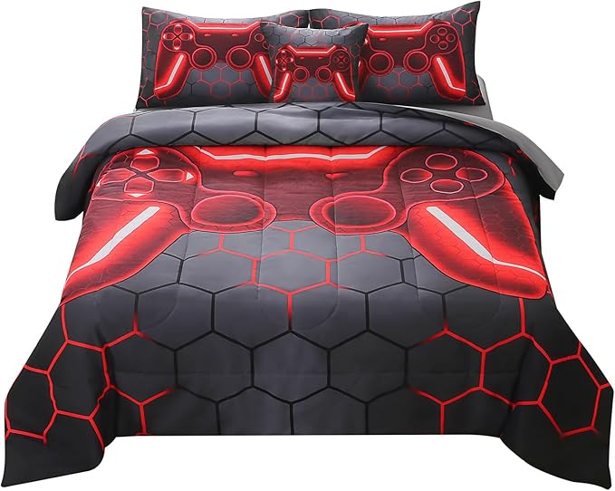 JQinHome Full Gamer Comforter Set for Boys Girls Kids,6 Piece Bed in A Bag 3D Video Game Bedding -All Season Soft Microfiber Down Alternative Comforter Gamer Bedding Sets with Sheets （Red） - LeafyLoom