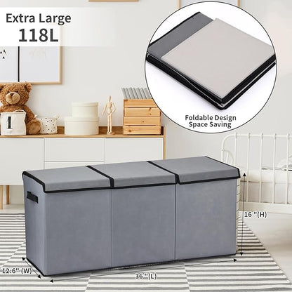 Fixwal Toy Box for Boys - Extra Large Toddler Toy Box Kids Toy Chest, Toy Box for Living Room Area, Collapsible Removable Divider for Nursery Playroom Bedroom Closet, 36"x12.6"x16" (Grey) - LeafyLoom