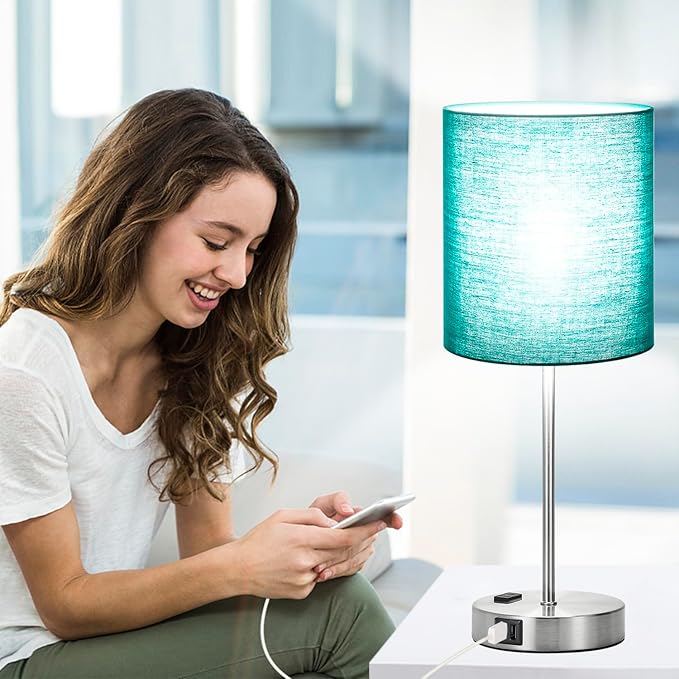 𝟮𝟬𝟮𝟯 𝗡𝗘𝗪 Green Touch Table Lamps Set of 2 with 2 USB & AC Outlet, 3-Way Dimmable Bedside Nightstand Lamps for Bedroom lamps Living Room Nursery, 800 Lumens 5000K Daylight Bulbs Included - LeafyLoom