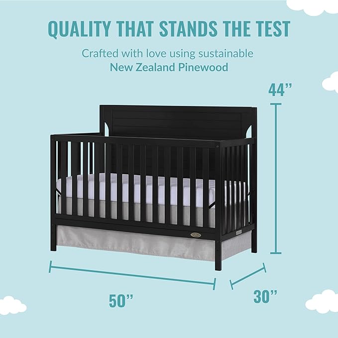 Cape Cod 5-In-1 Convertible Crib In Black, Greenguard Gold And JPMA Certified, Built Of Sustainable New Zealand Pinewood, 3 Mattress Height Positions - LeafyLoom