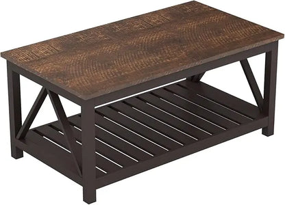 ChooChoo Farmhouse Coffee Table, Rustic Vintage Living Room Table with Shelf, 40 Espresso - LeafyLoom