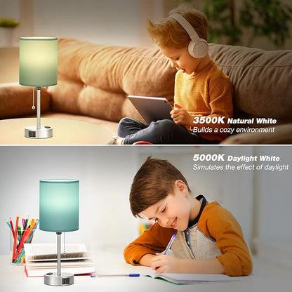 Dicoool Teal Bedside Lamp for Nightstand - 3 Color Temperature Table Lamp with USB C and A Ports, Pull Chain Lamp for Bedroom with AC Outlet, Desk Lamp with Silver Metal Base for Kids Girls - LeafyLoom