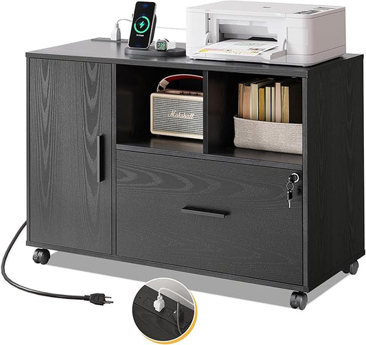 DEVAISE File Cabinet with Charging Station, 1-Drawer Lateral File Cabinets with lock for home office, Wooden Rolling Printer Stand with Shelves, Black - LeafyLoom