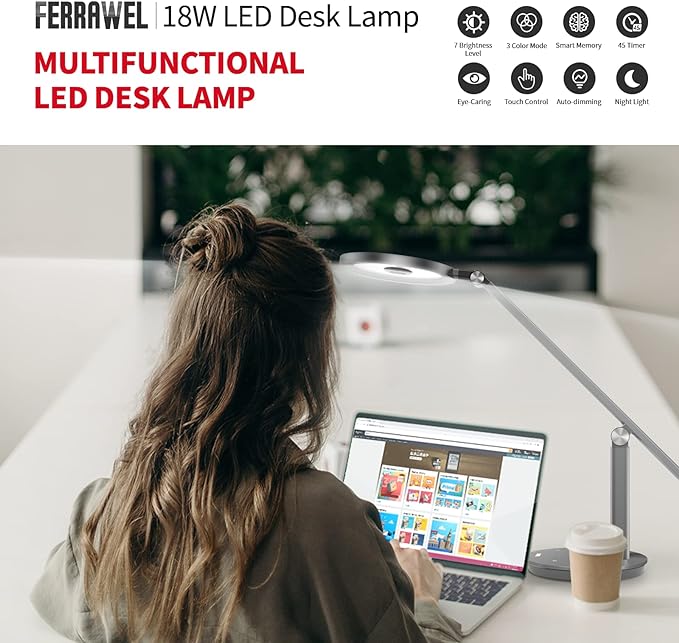 LED Desk Lamp for Home Office - Natural Eye-Caring Table Light, Adjustable Metal Swing Arm with 18W Dimmable Bright Reading Task Lampara Memory Function Black - LeafyLoom