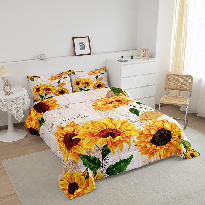 Girls Sunflowers Comforter Set Twin Size Retro Yellow Sunflower Bedding Set for Kids Teens Women Botanical Flowers Duvet Insert Vintage Floral Letters Down Comforter Kids Bedding Set, 2 Pieces - LeafyLoom