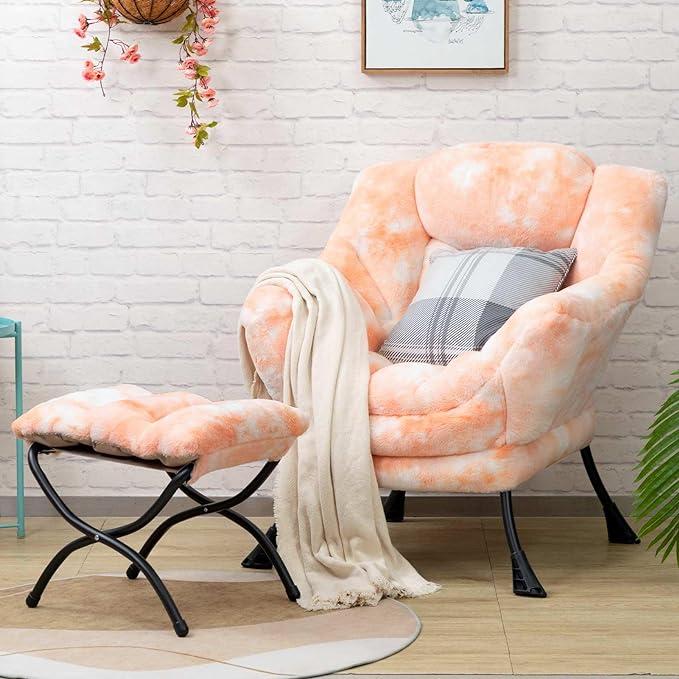 HollyHOME Faux-Fur Lazy Chair with Foldable Ottoman, Accent Comfy Lounge Arm Chair and Folding Footrest Stool Set, Leisure Sofa Reading Chair and Footstool for Living Room, Bedroom, Orange&White - LeafyLoom